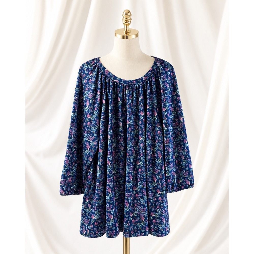 Denim & Co Printed Heavenly Jersey 3/4 Sleeve Top 3X Blue Pink Floral A383627